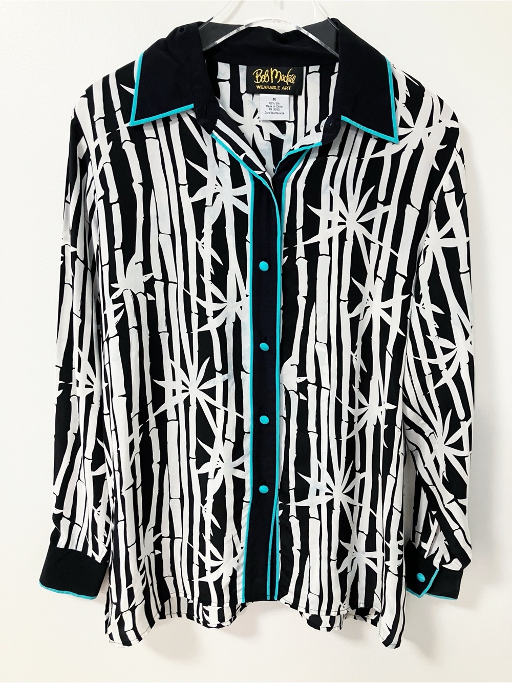 Bob Mackie | Black White Bamboo Print Silk Button Up Top M Boho Tropical Vintage